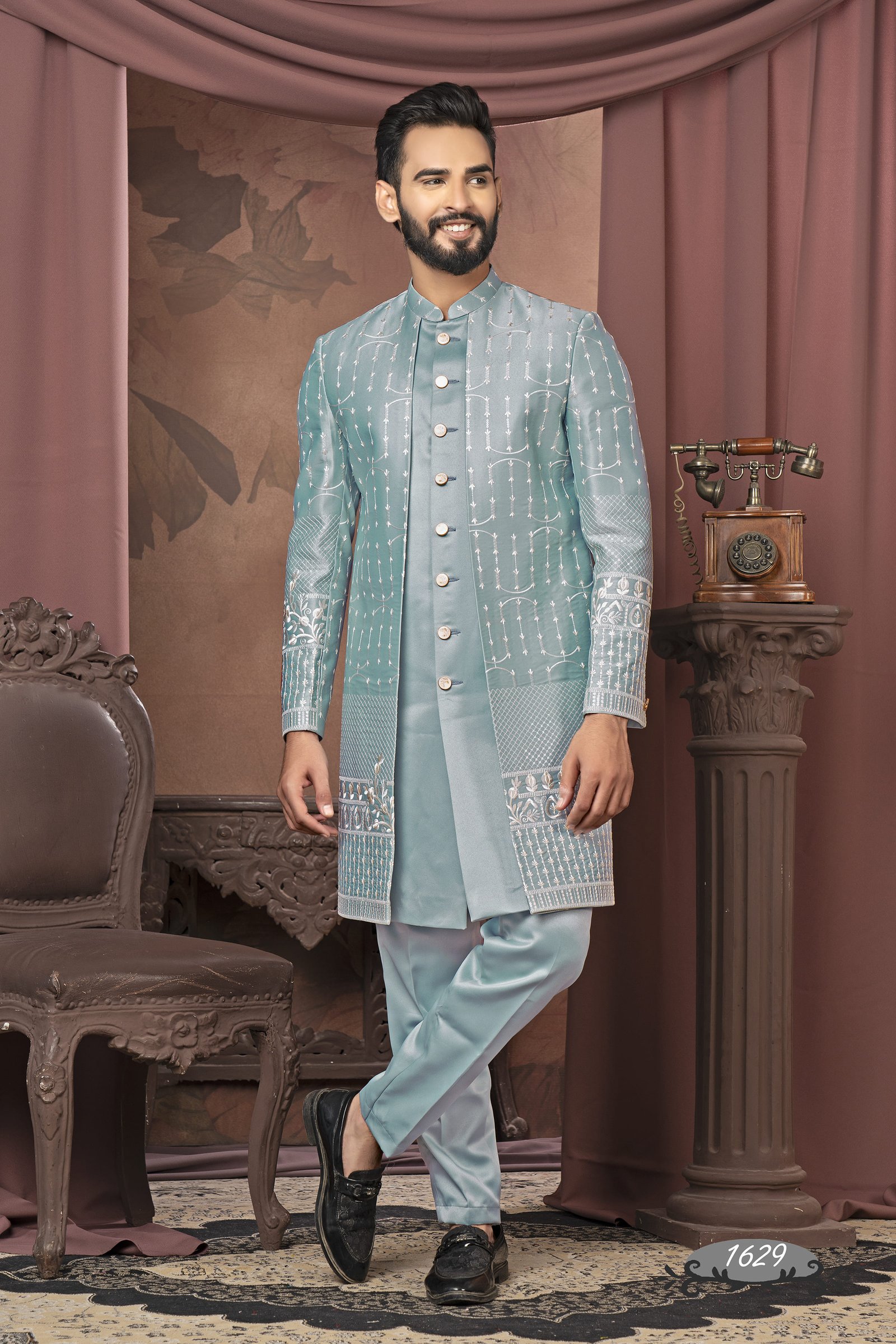 Deisgner Sea Blue Double Pattern Indowestern