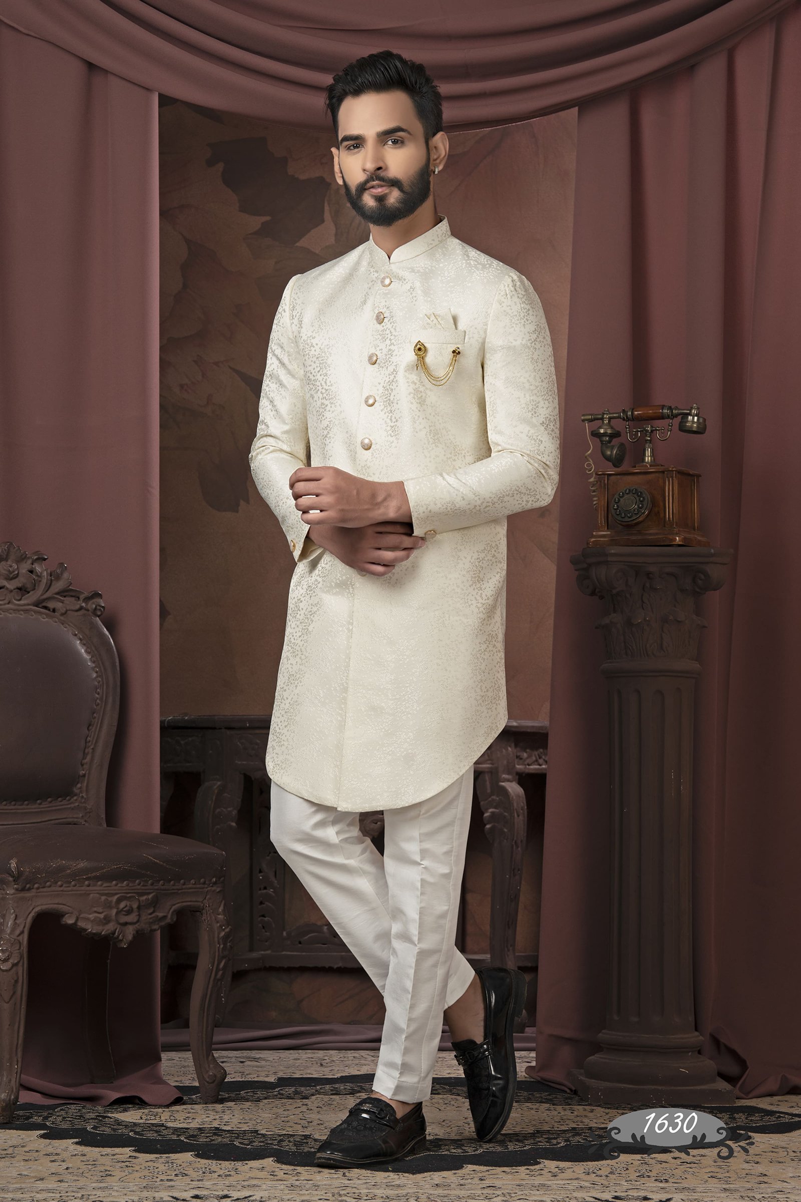 Cream Color Achkan Pattern Indo For Men