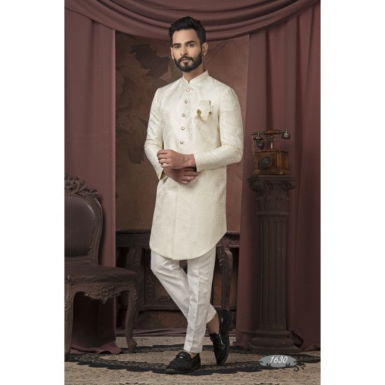 Cream Color Achkan Pattern Indo For Men