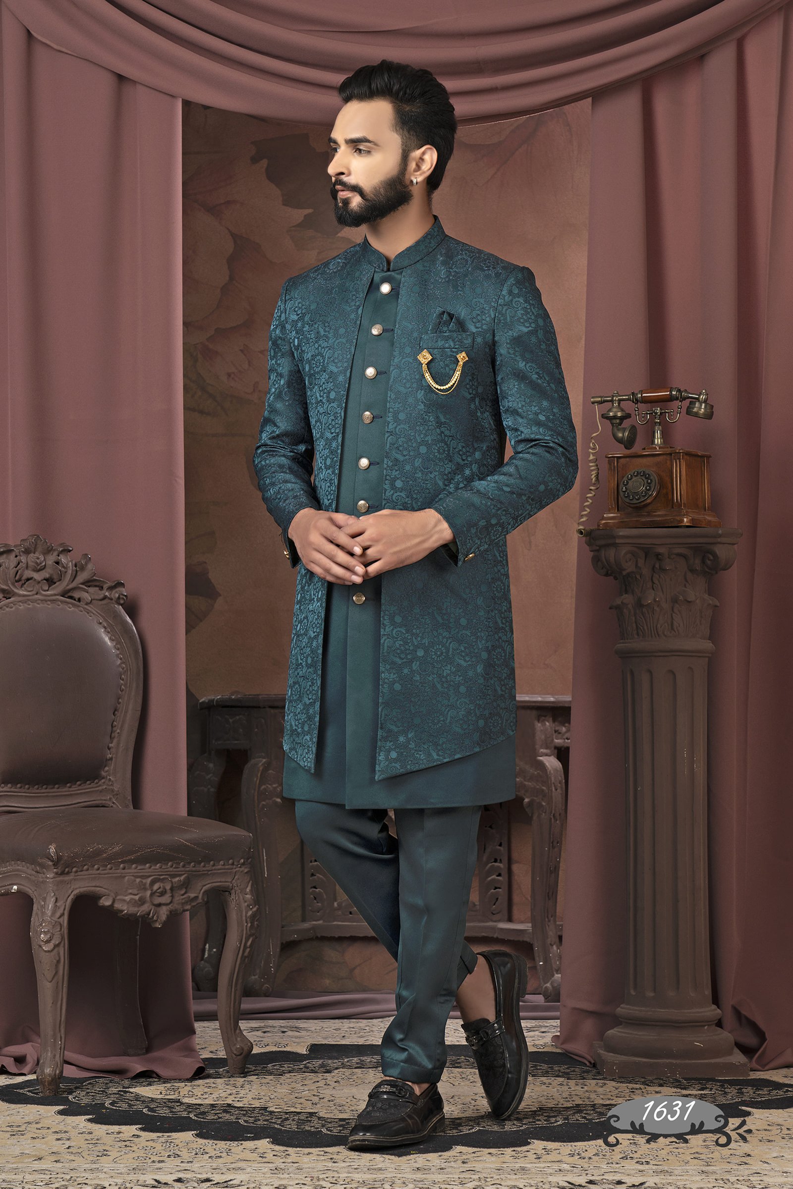 Designer Self Print Double Pattern Indowestern For Wedding