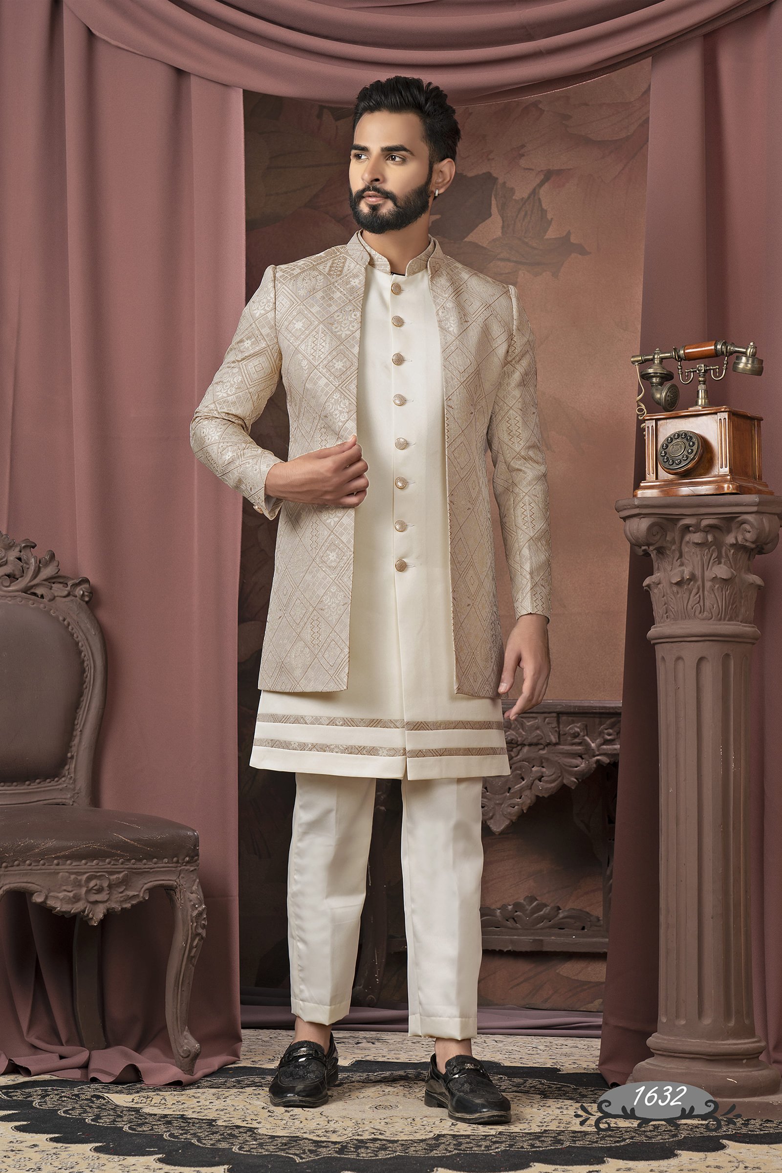 Cream Color Self Print Double Pattern Indo For Men
