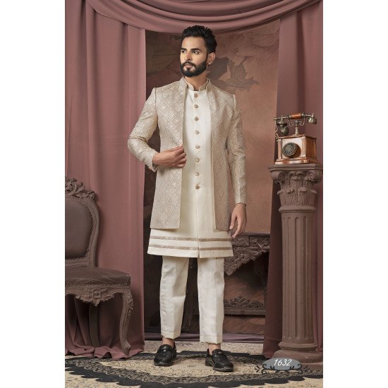 Cream Color Self Print Double Pattern Indo For Men