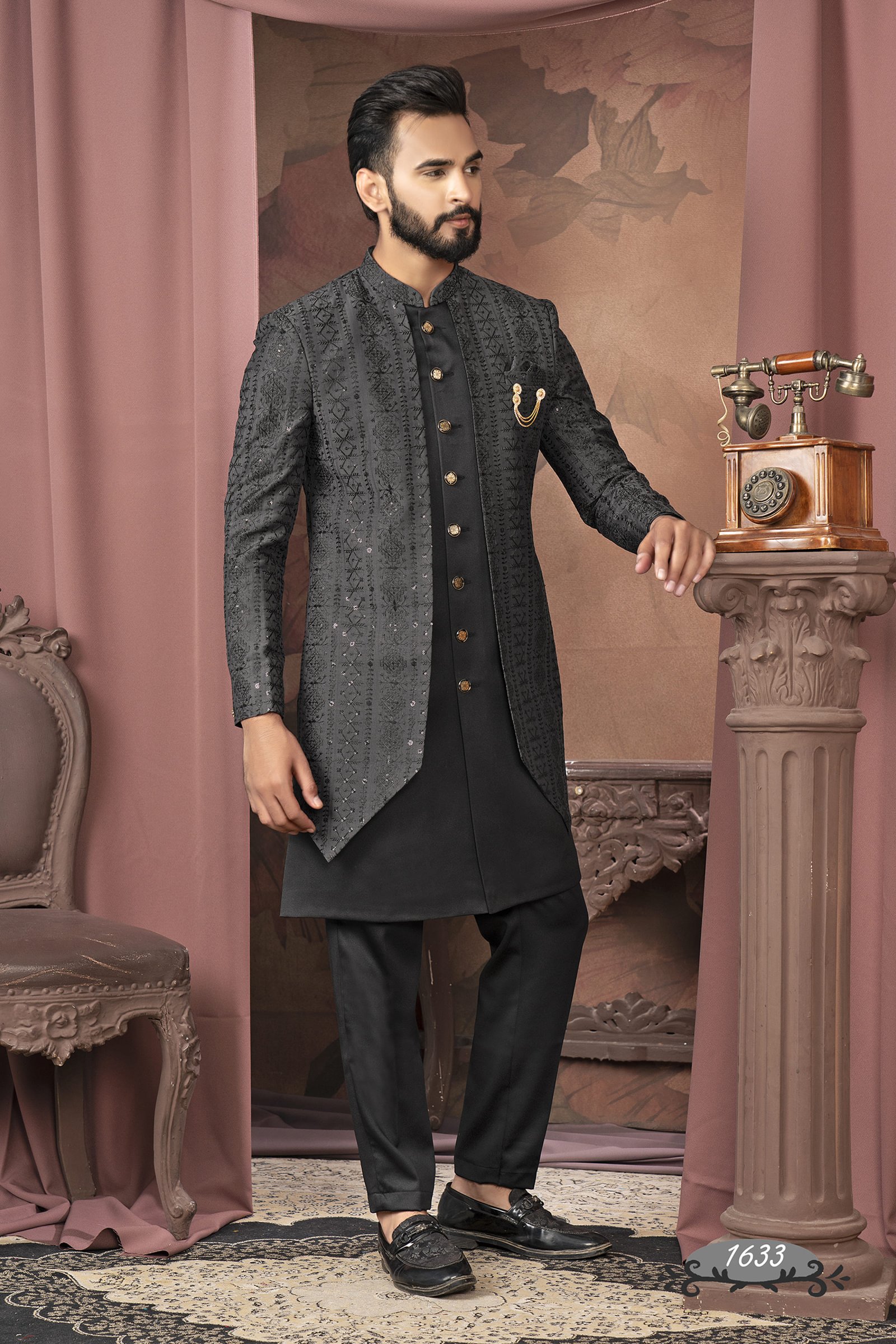 Designer Black Sequence Work Double Pattern Indo For Men