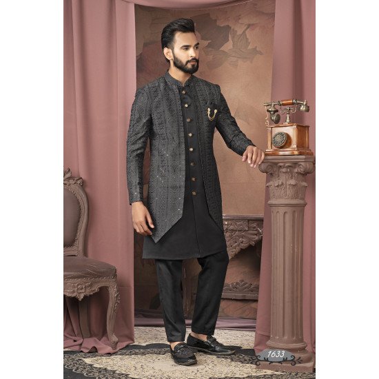 Designer Black Sequence Work Double Pattern Indo For Men