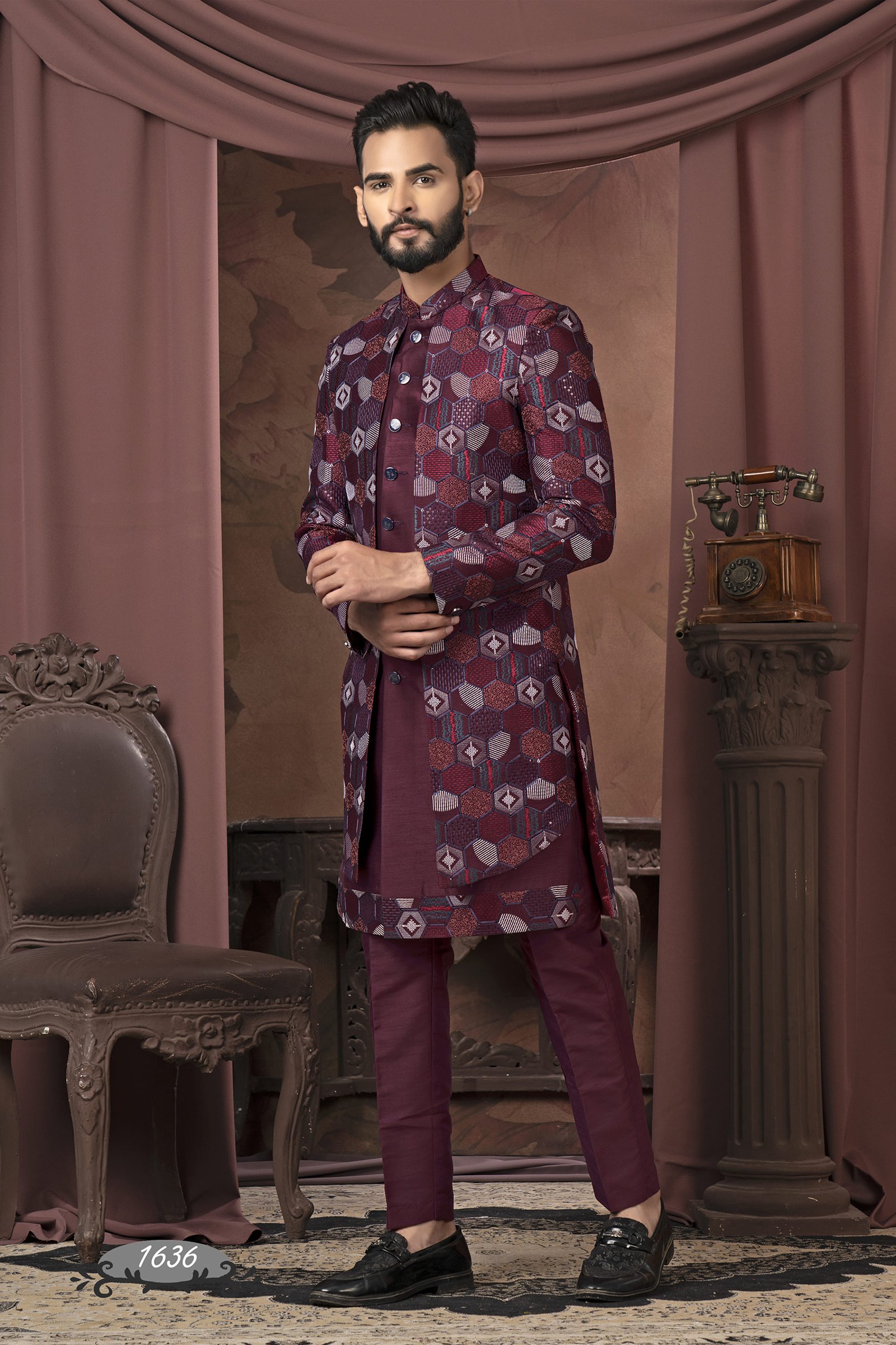 Designer mehroon Color Double Pattern Indo For Men