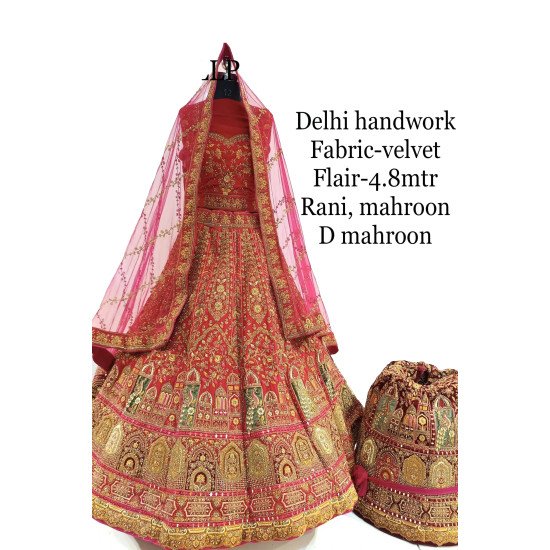Designer Rani Colored Embroidery & Handwork Lehenga For Bride
