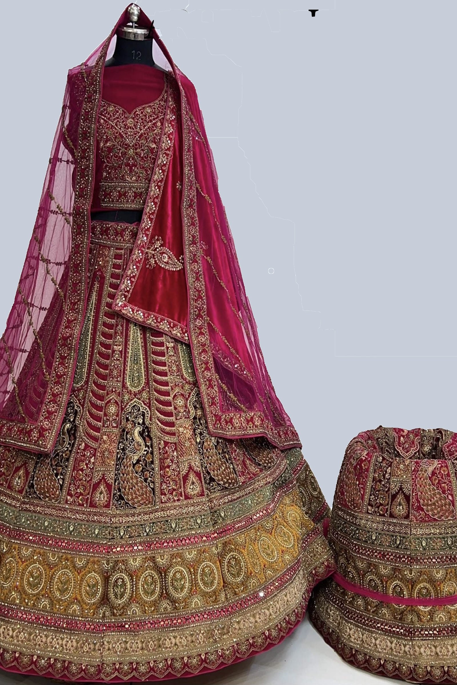 Designer Mehroon Motif Work Bridal Lehenga