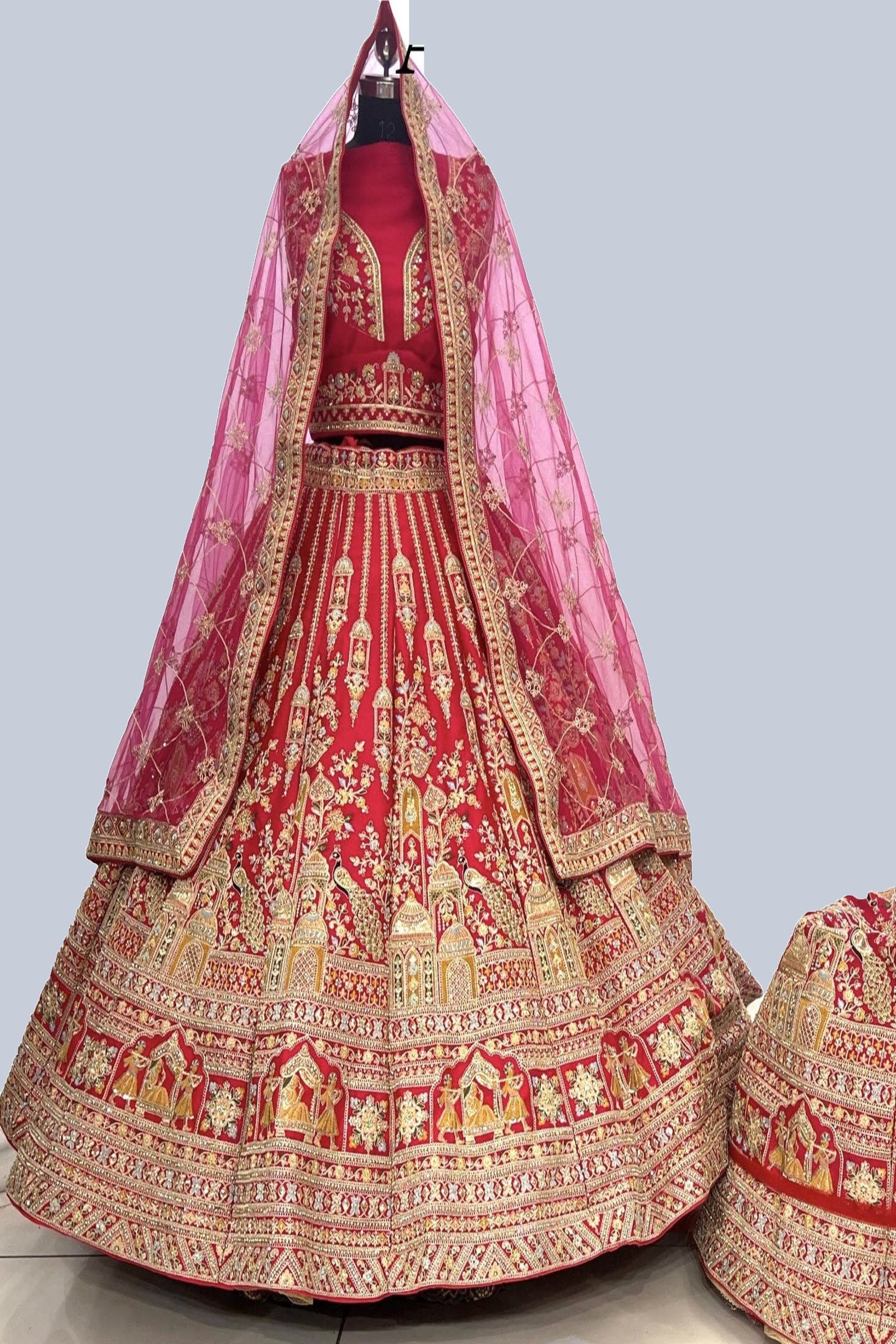 Designer Red Embroidery & Stone Work Bridal Lehenga