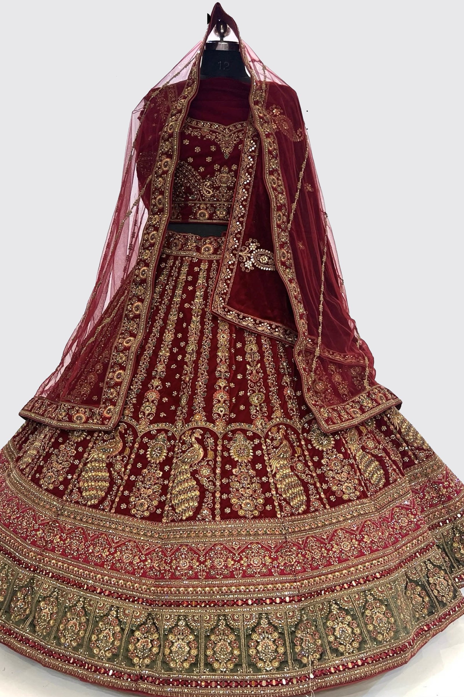 Designer Mehroon Velvet Stone Work Bridal Lehenga