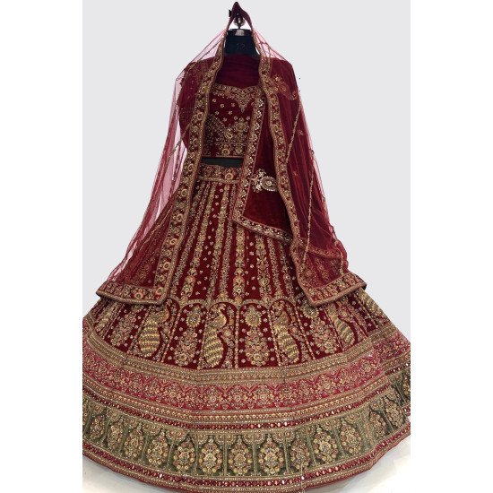 Designer Mehroon Velvet Stone Work Bridal Lehenga
