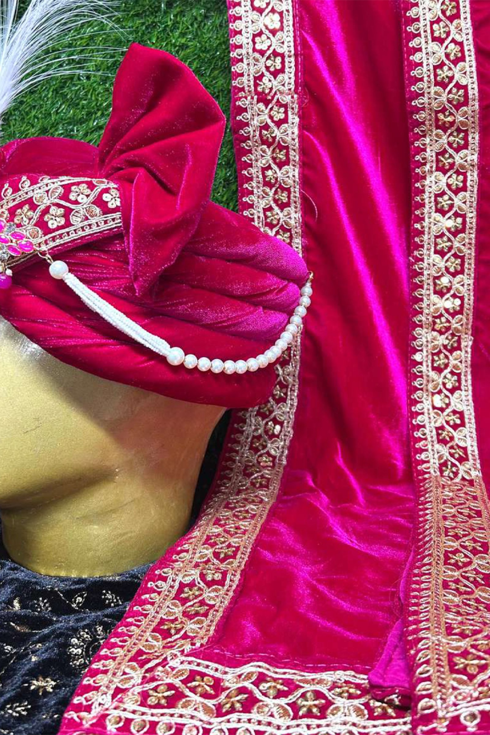 Designer Rani Color Velvet Groom Safa & Dupatta