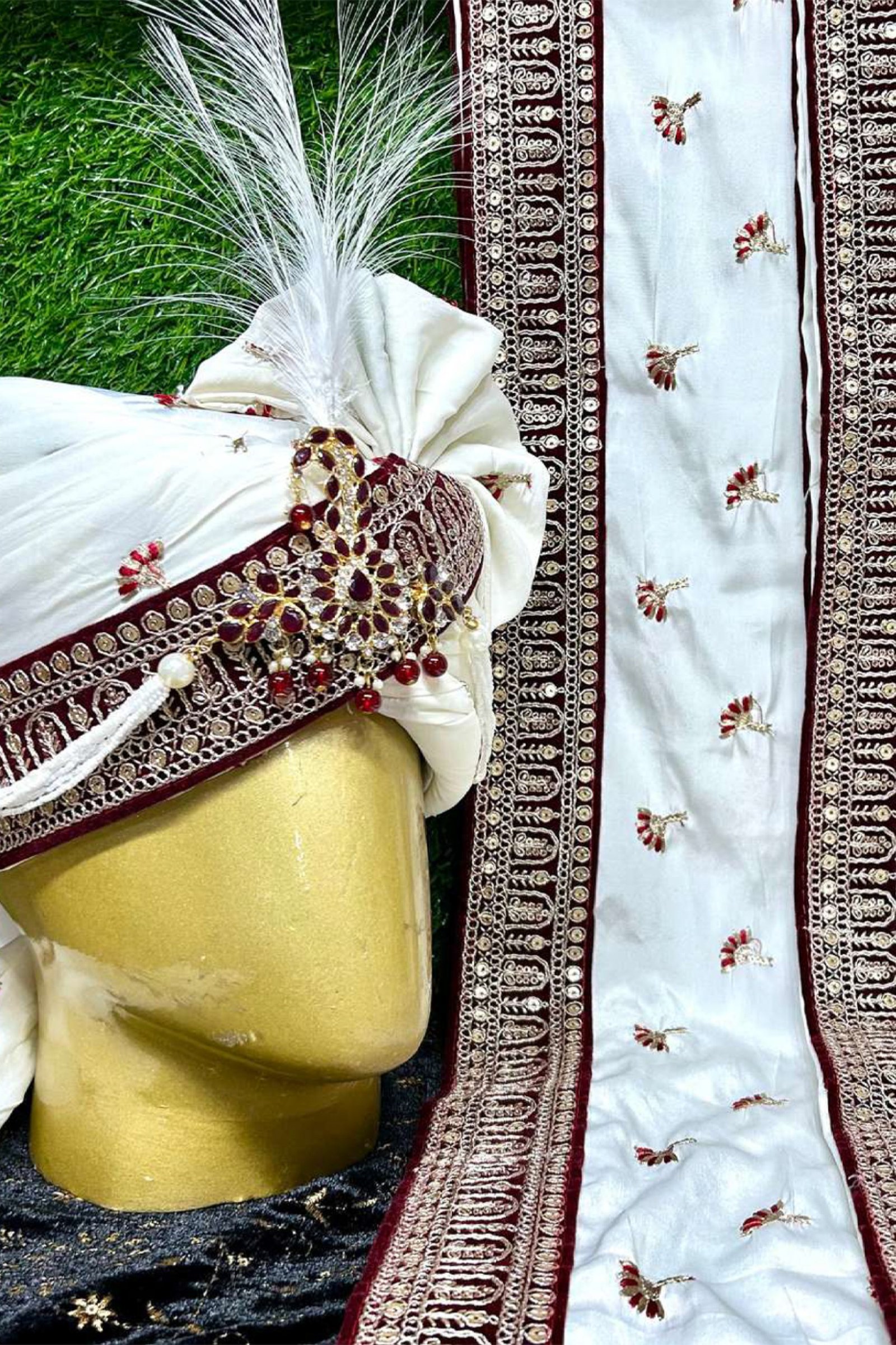 Designer White With Mehroon Touch Groom Pagari &  Stole 