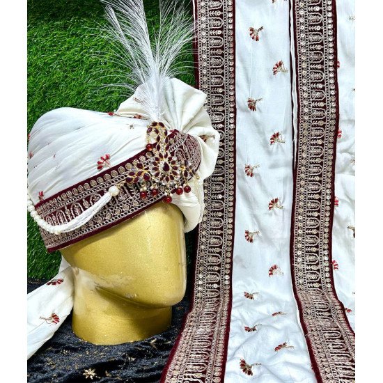 Designer White With Mehroon Touch Groom Pagari &  Stole 