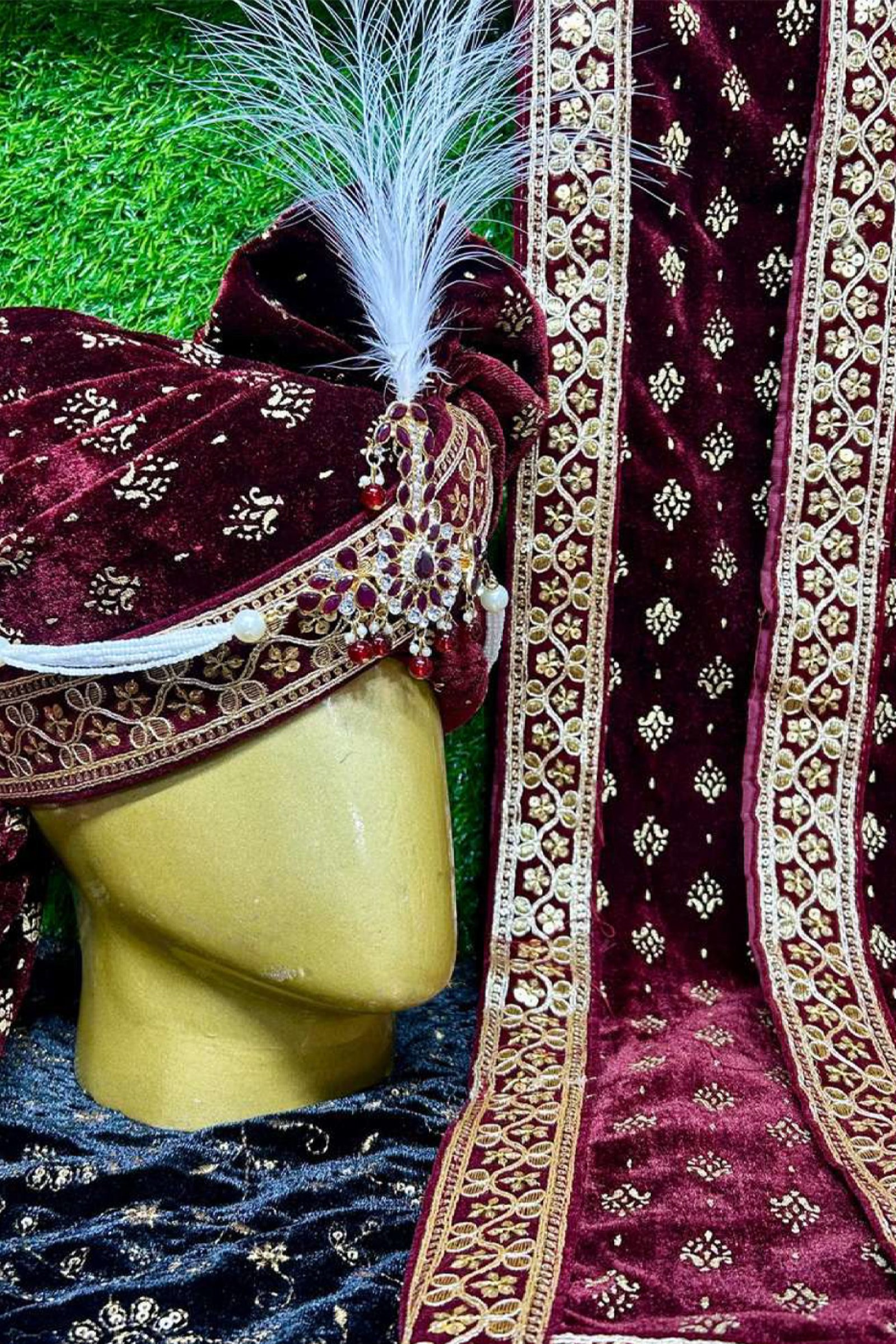 Designer Mehroon Foil Work Safa & Duppatta