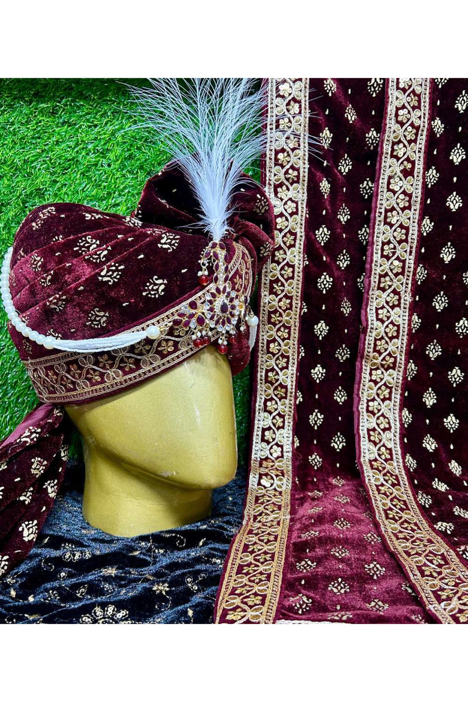 Designer Mehroon Foil Work Safa & Duppatta