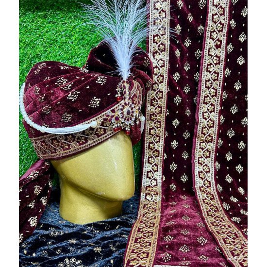 Designer Mehroon Foil Work Safa & Duppatta