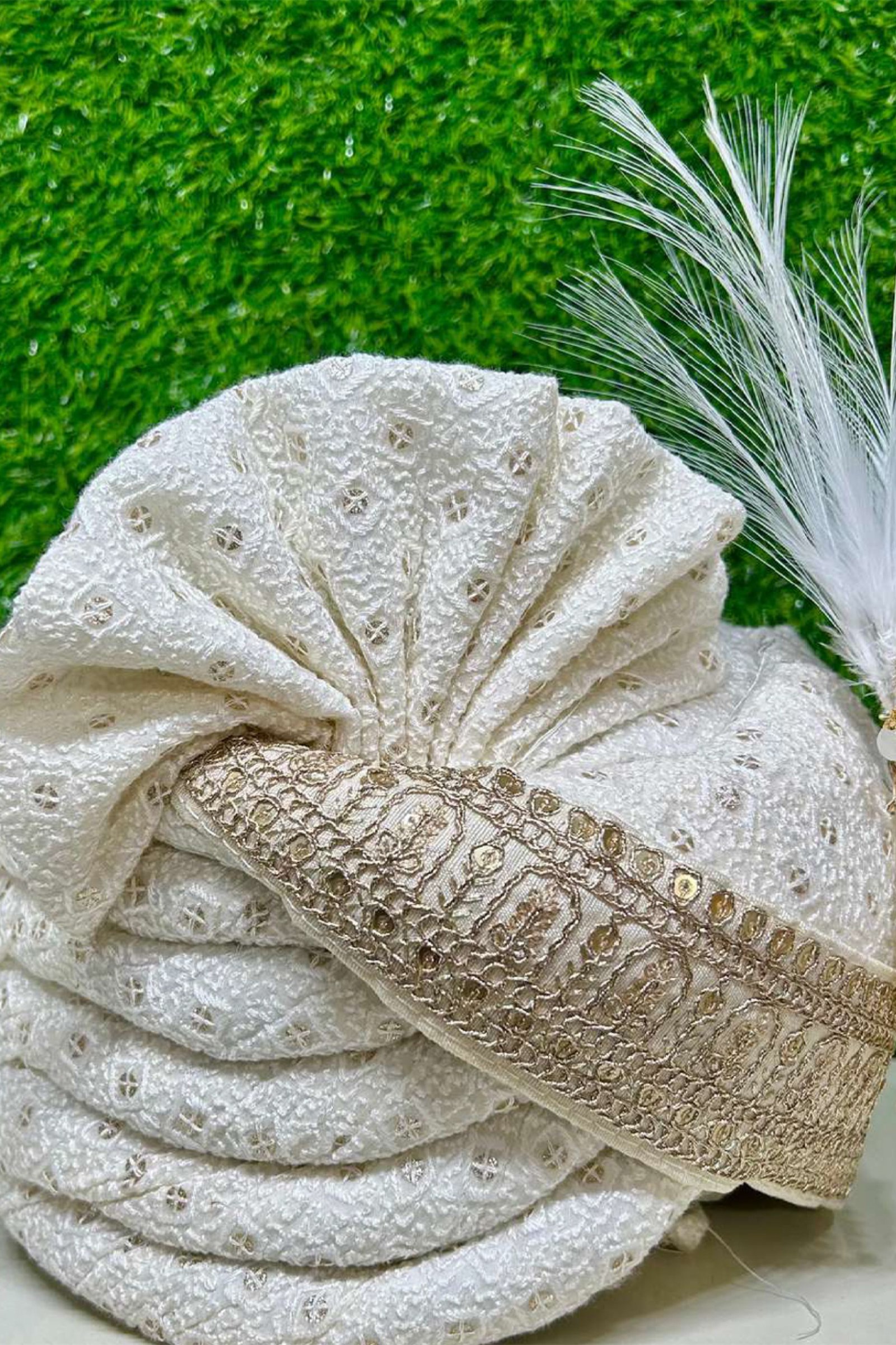 Designer Off White Sequence Work Safa Dupatta For Groom
