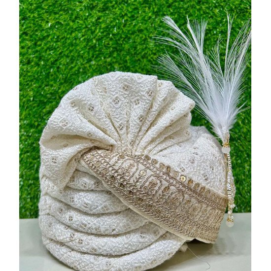 Designer Off White Sequence Work Safa Dupatta For Groom
