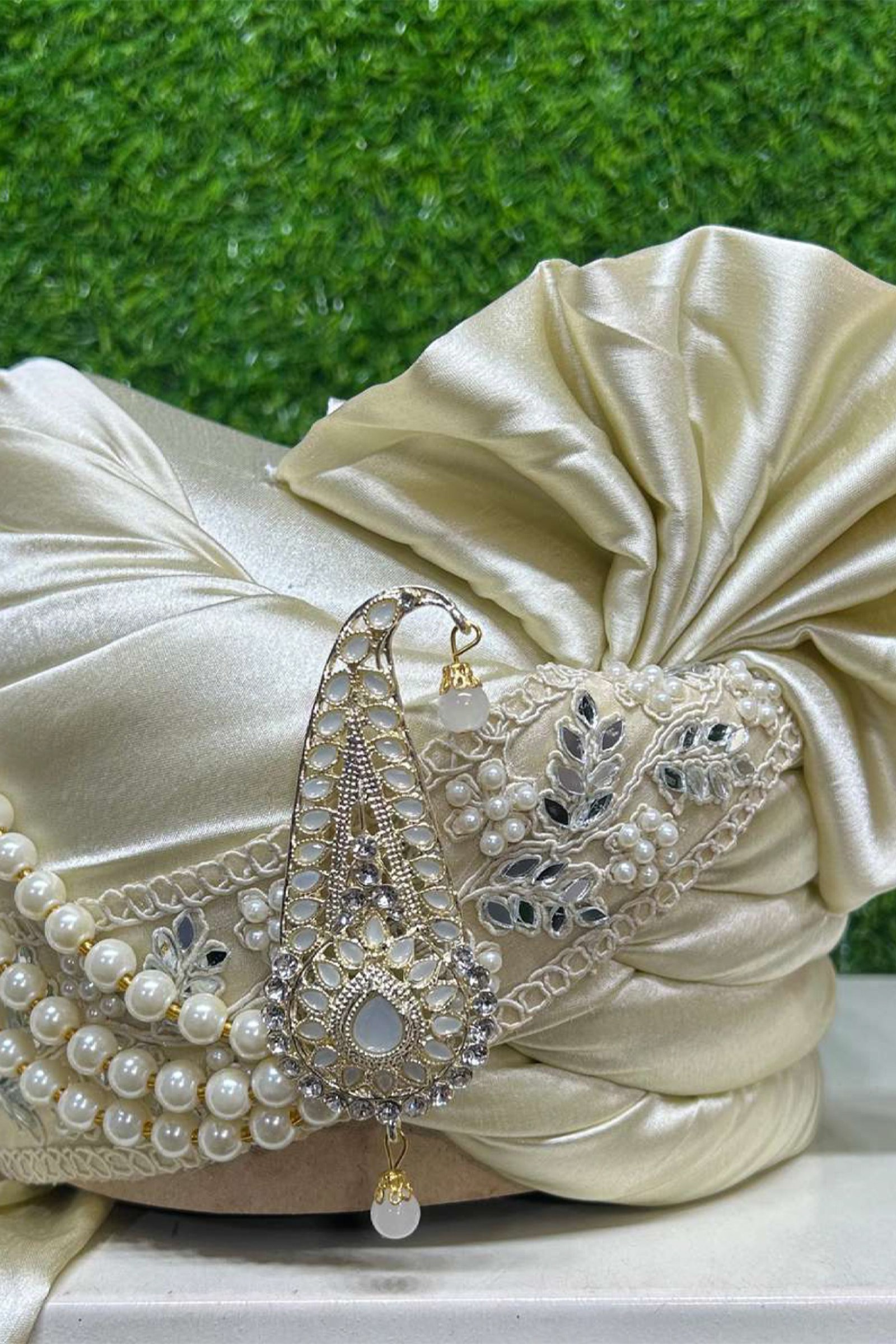 Designer Off White Silk Fabric Groom Safa And Dupatta