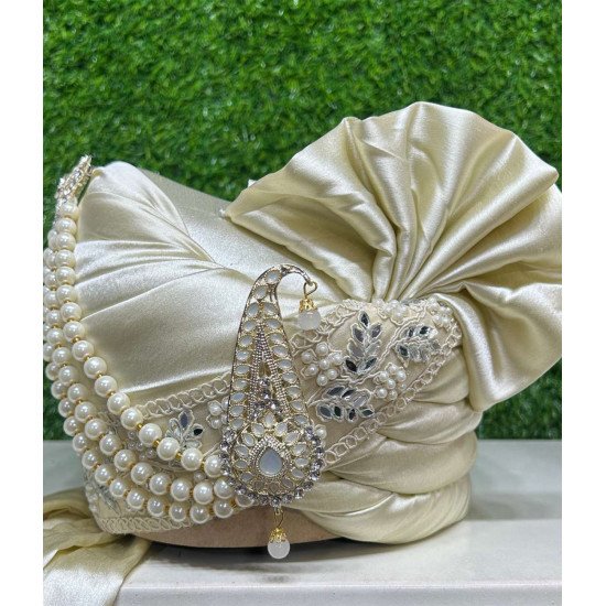 Designer Off White Silk Fabric Groom Safa And Dupatta