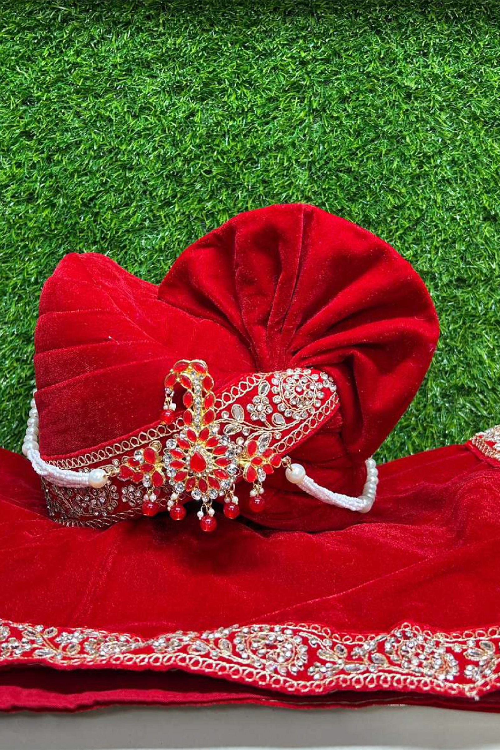 Designer Red Colored Groom Pagari & Stole