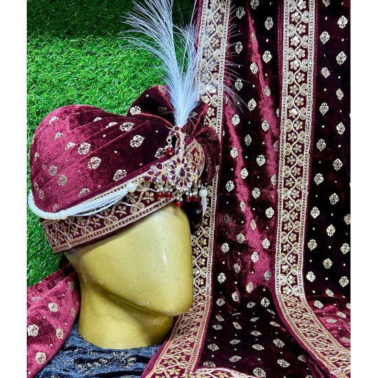 Designer Wine Color Foil Print Wedding Safa Set