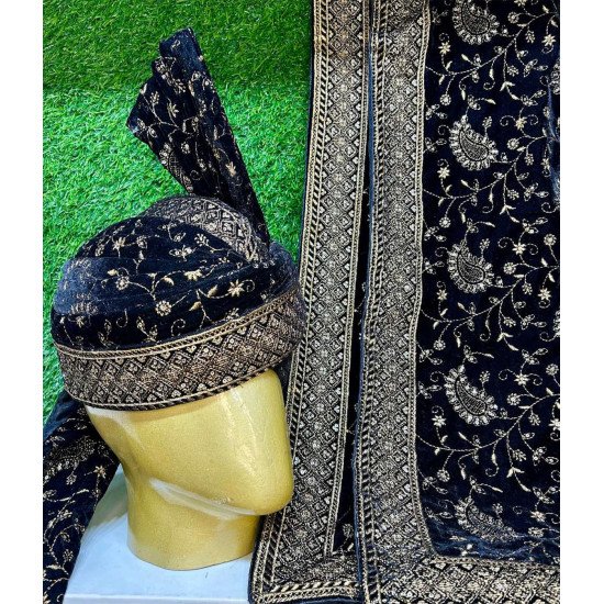 Designer Navy Blue Embroidery Work Safa & Stole