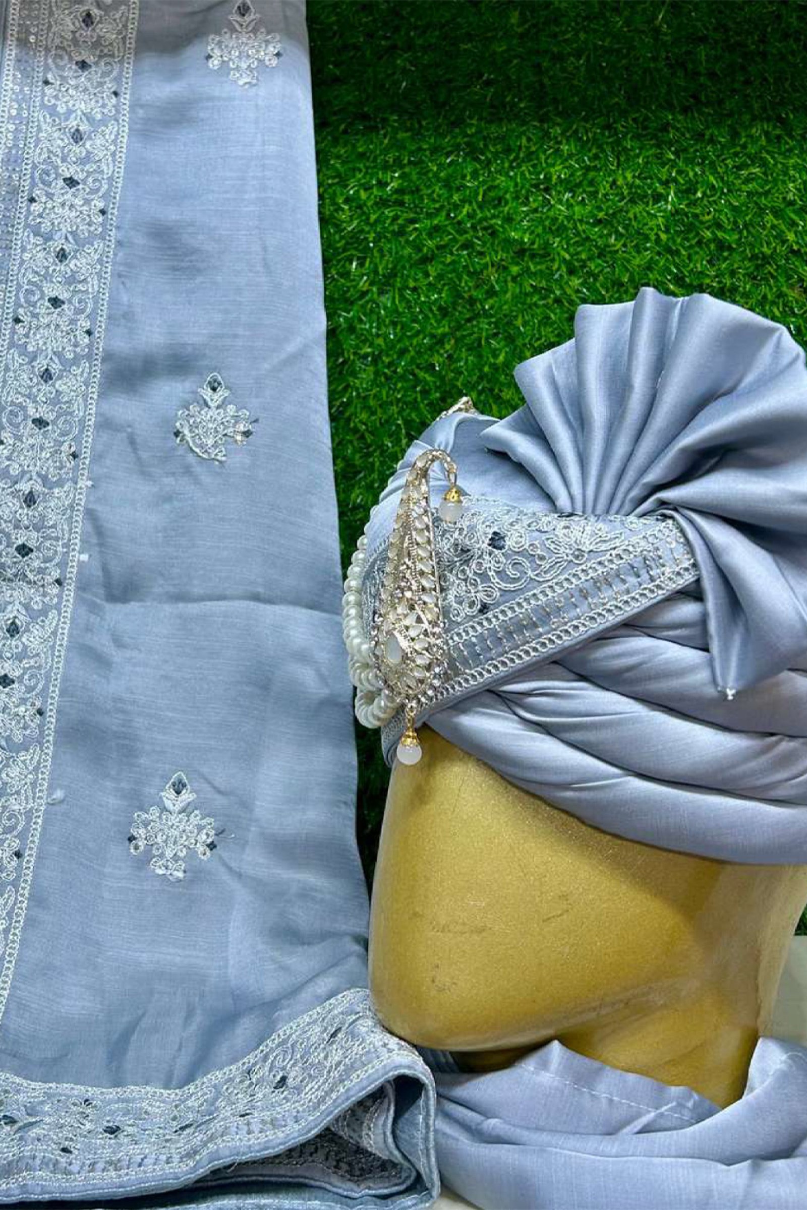 Designer Grayish Blue Turban & Stole For Wedding 