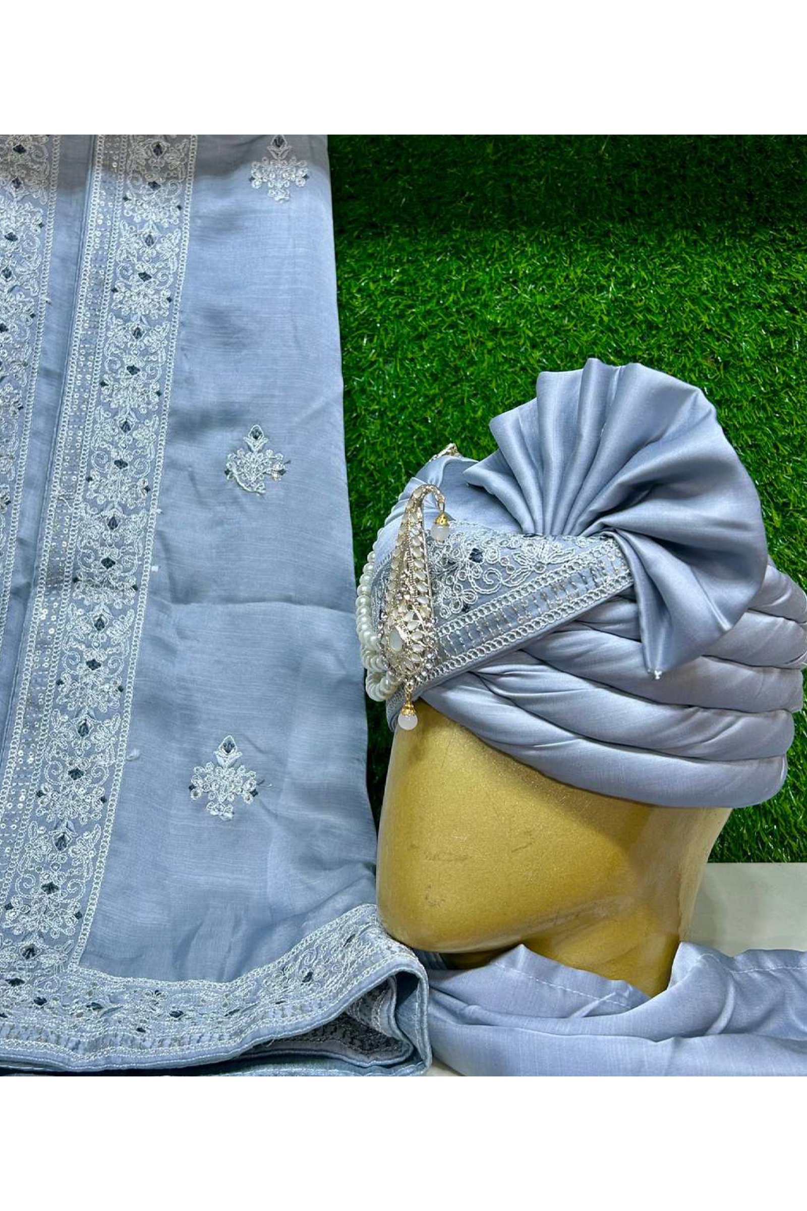 Designer Grayish Blue Turban & Stole For Wedding 