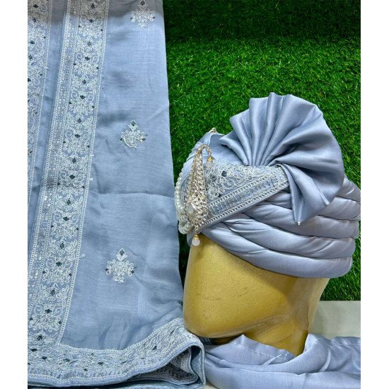 Designer Grayish Blue Turban & Stole For Wedding 