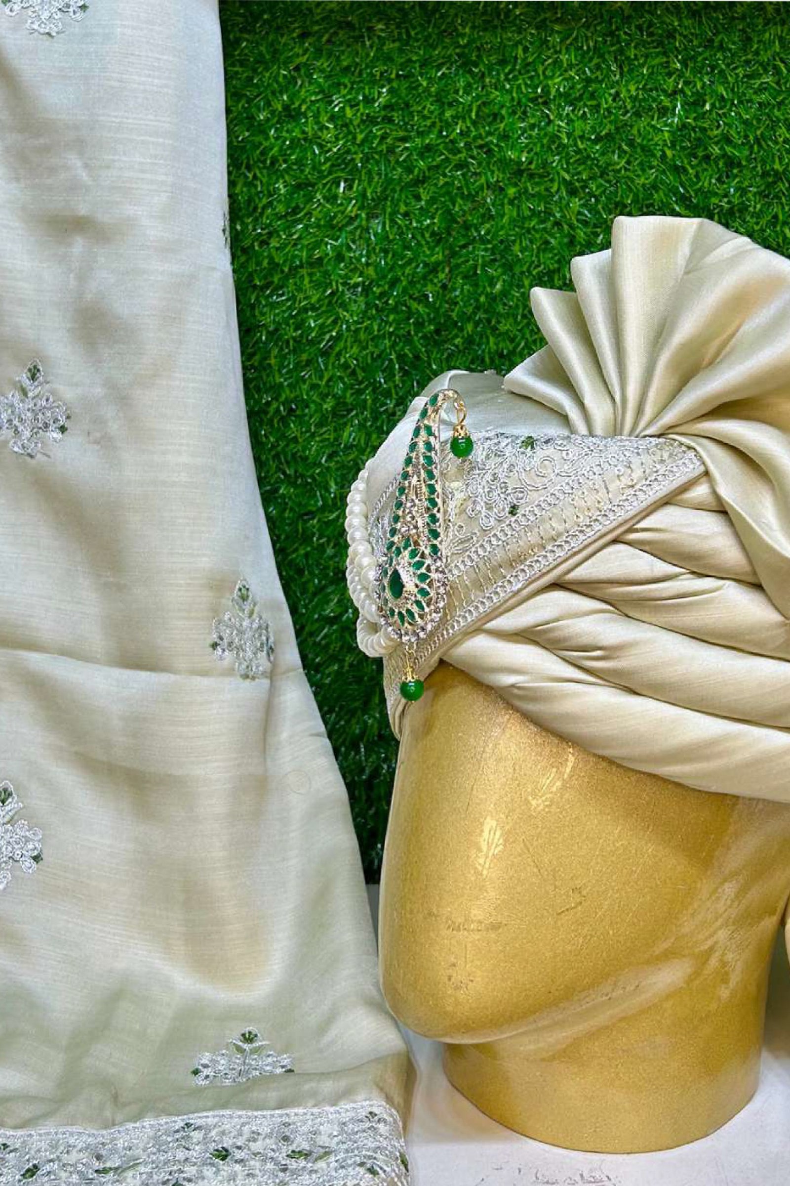 Designer Beige Color Embroidery Work Groom Safa And Stole 