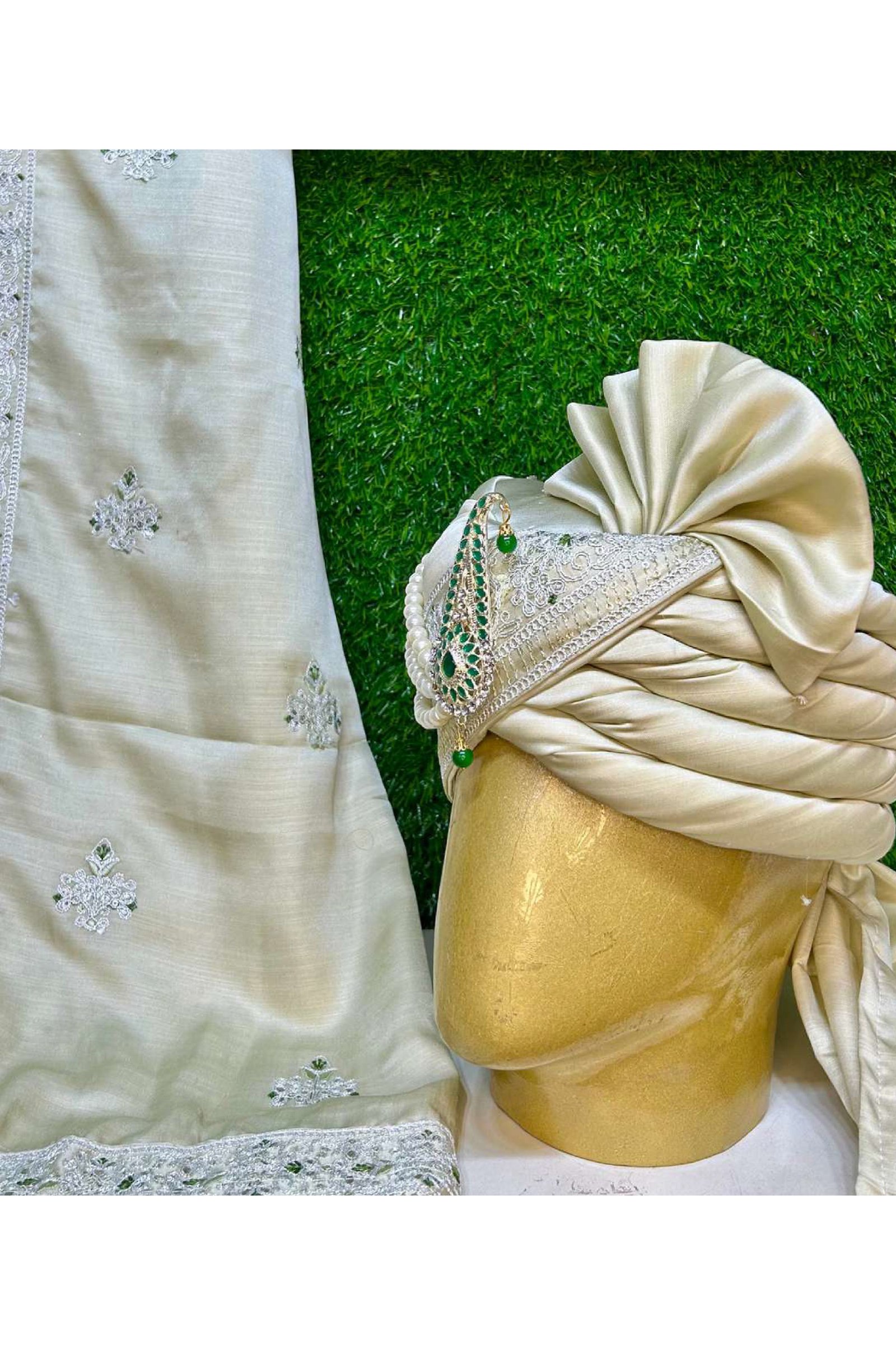 Designer Beige Color Embroidery Work Groom Safa And Stole 