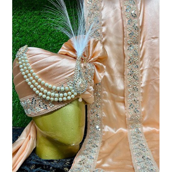Designer Peach Mirror Work Groom Safa & Stole