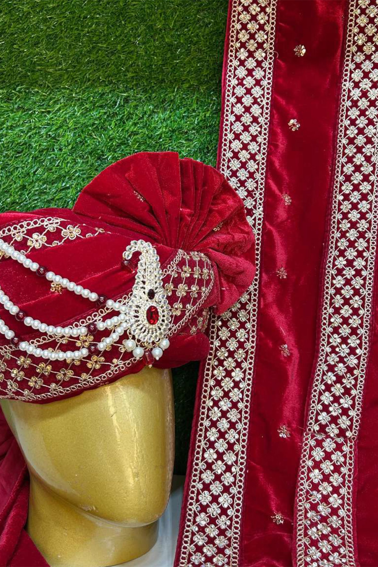 Designer Mehroon Velvet Sequence Work Groom Safa And Stole 