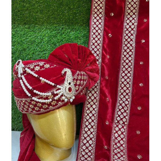 Designer Mehroon Velvet Sequence Work Groom Safa And Stole 