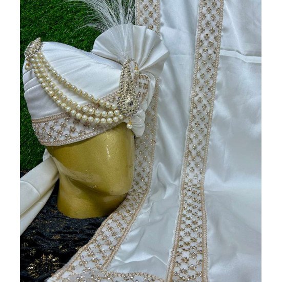 Designer White With Stone Work Pagari And Dupatta For Groom