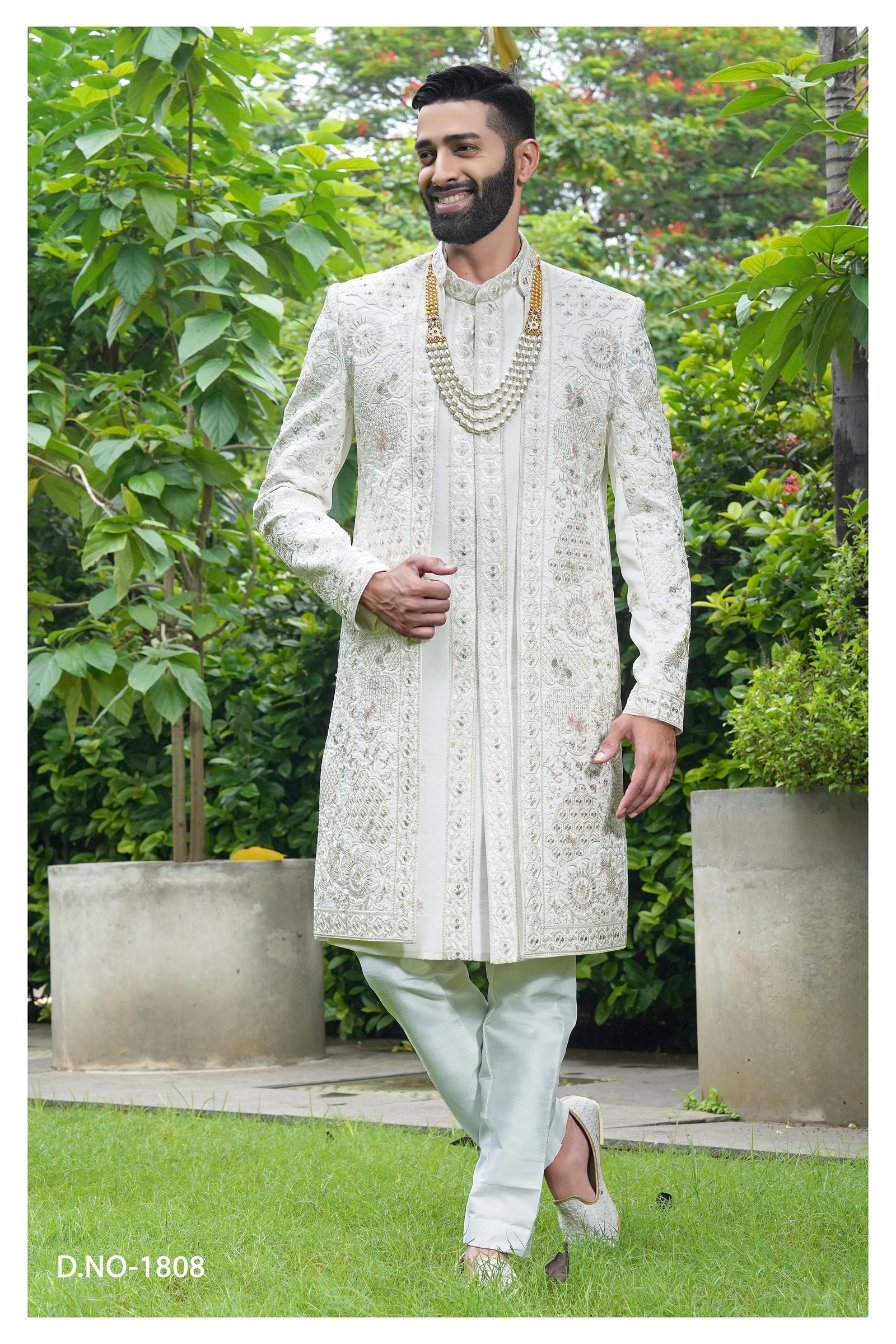 Designer Beige Color Double Pattern Wedding Sherwani For Men