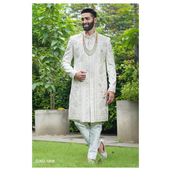 Designer Beige Color Double Pattern Wedding Sherwani For Men