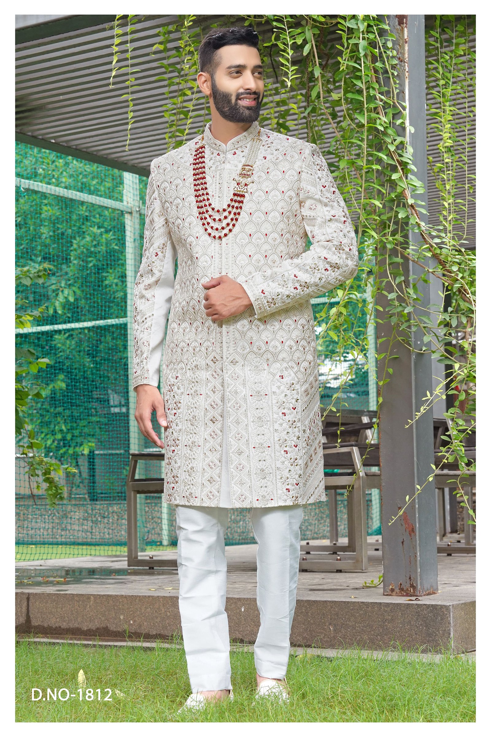 Designer Achkan Pattern Wedding Sherwani  With Mehroon Touch