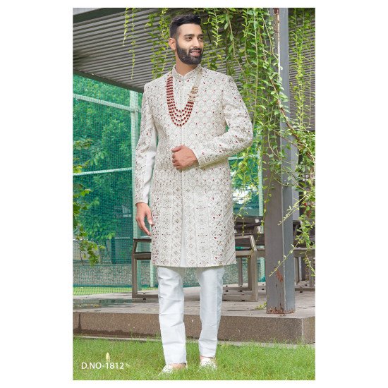 Designer Achkan Pattern Wedding Sherwani  With Mehroon Touch