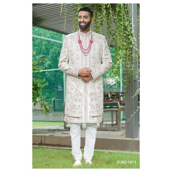 Designer Double Pattern Sherwani  With Red Thread Work 