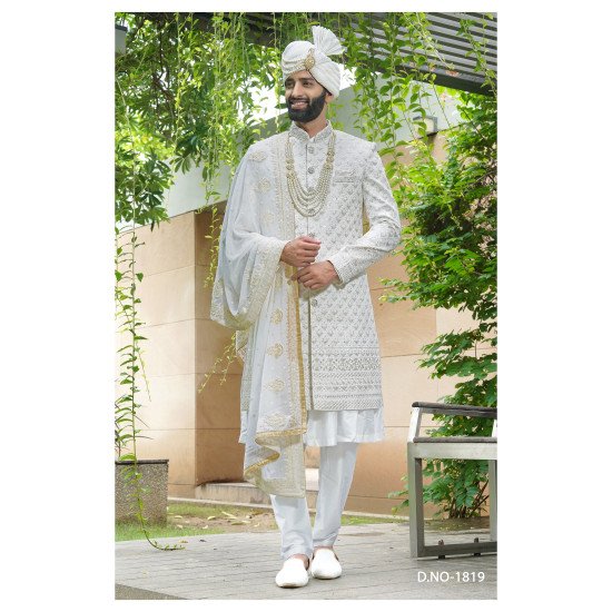 Designer White Sequence Work Wedding Sherwani