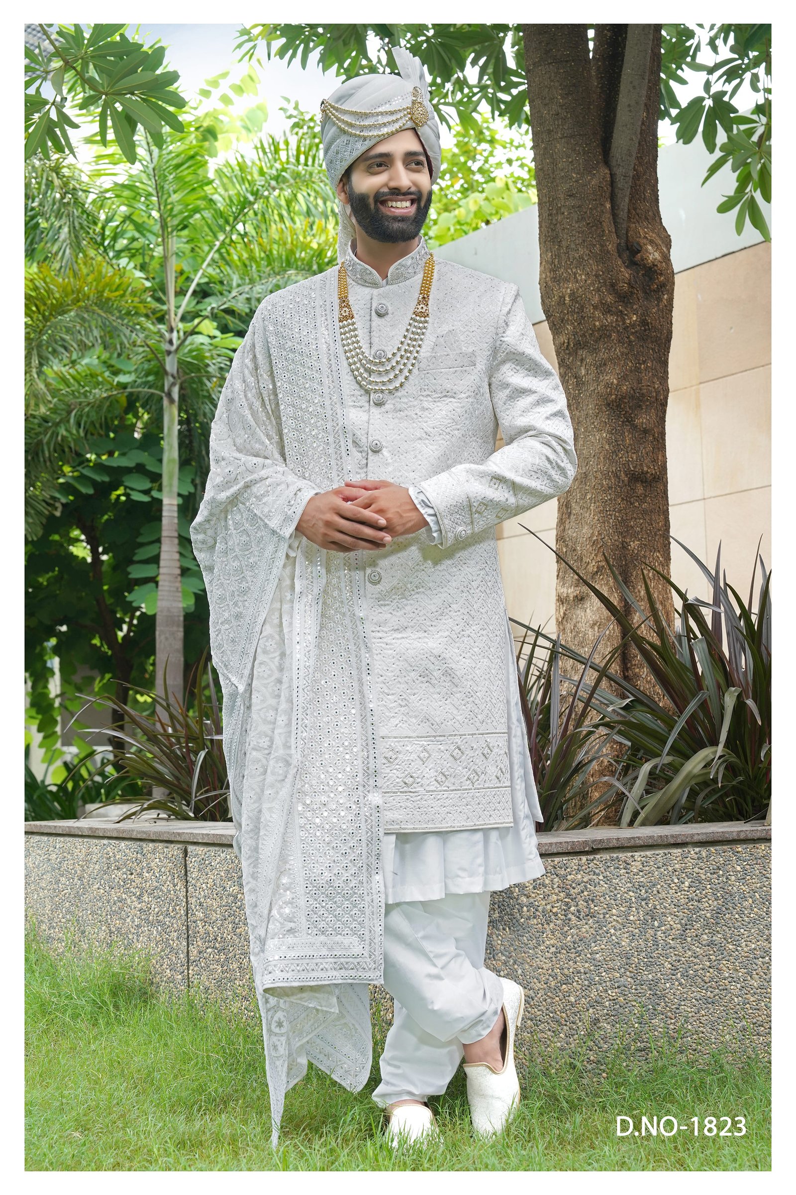 Designer White Sequence Work Kurta Pattern Wedding Sherwani 