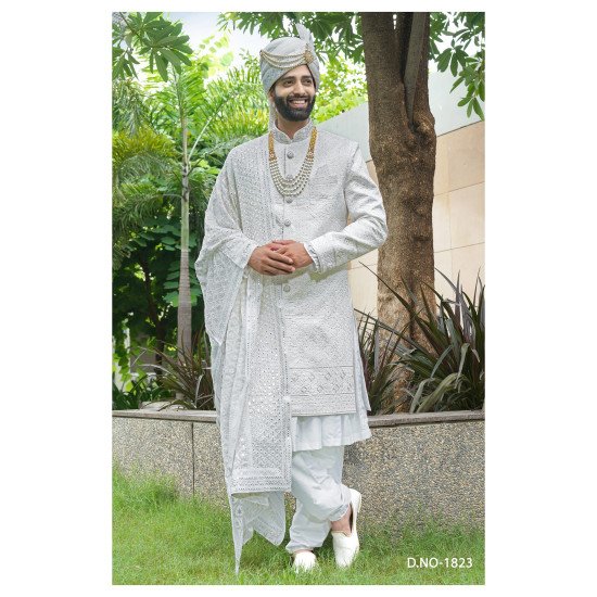 Designer White Sequence Work Kurta Pattern Wedding Sherwani 