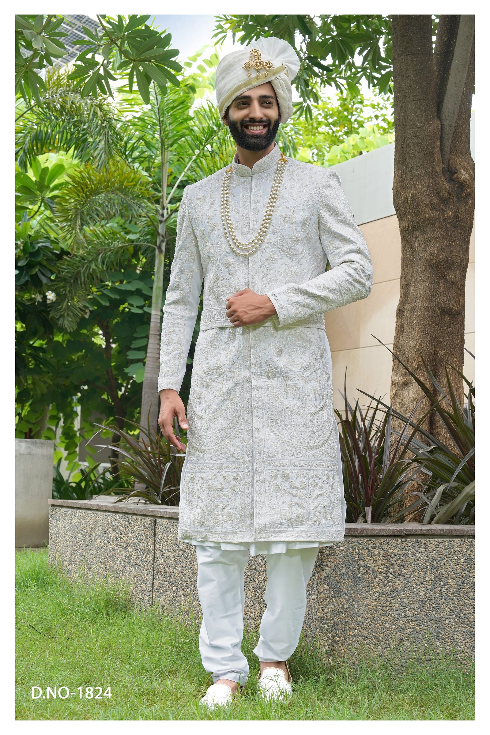 Designer Off White Belt Pattern Sherwani For Groom