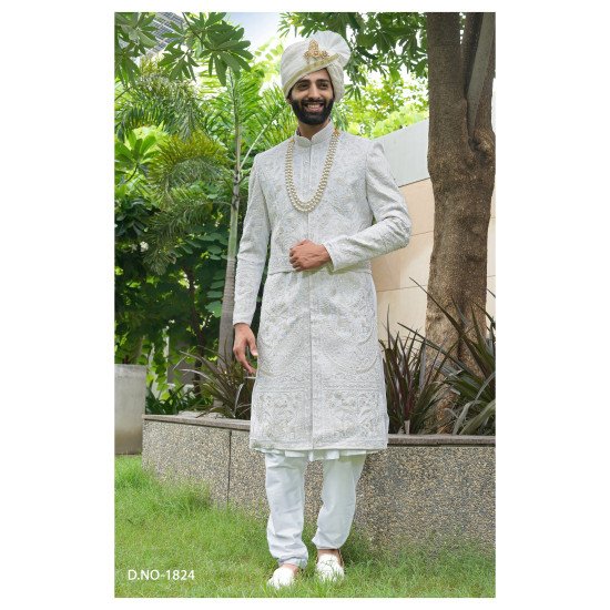 Designer Off White Belt Pattern Sherwani For Groom