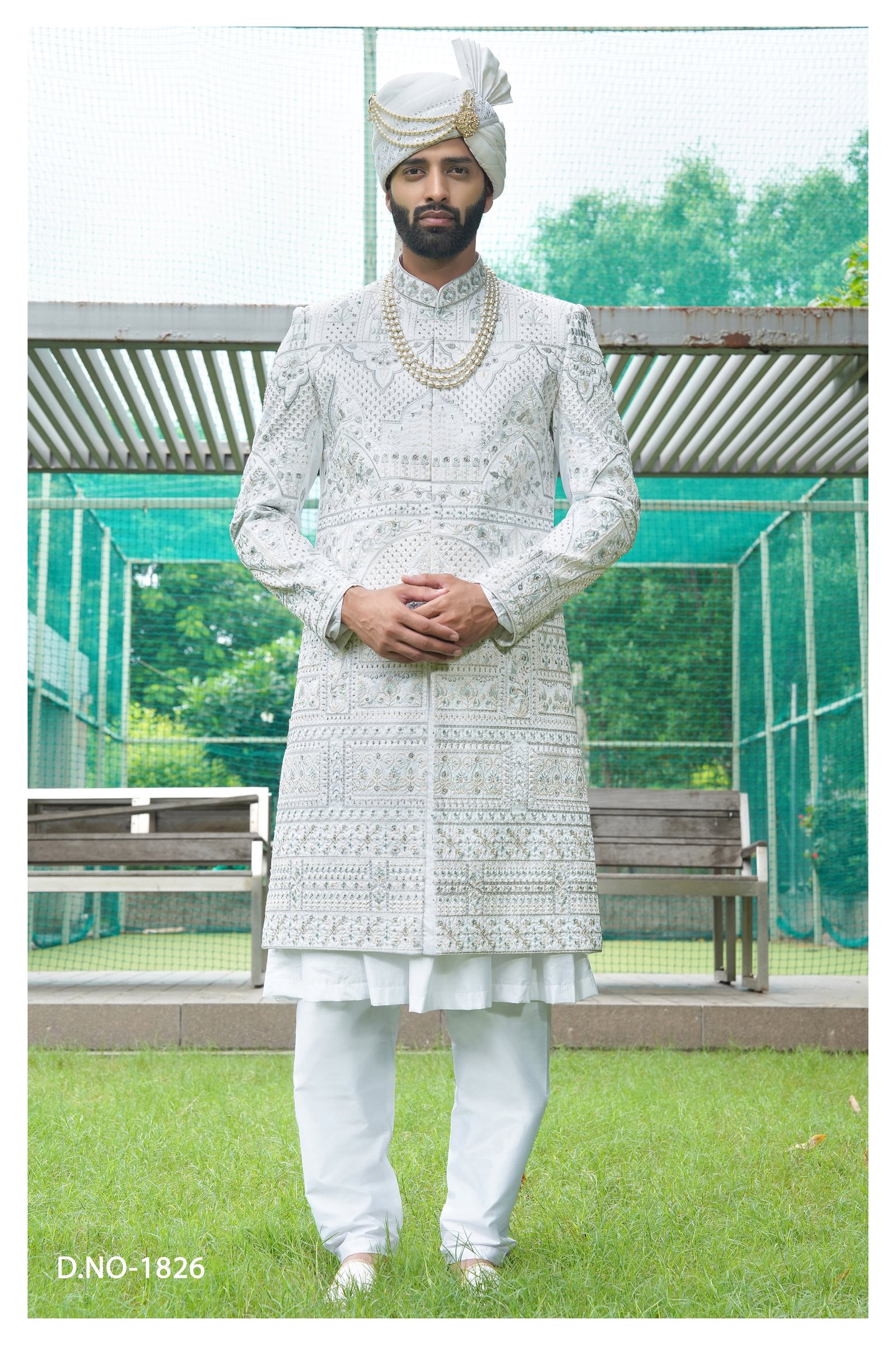 Designer White Stone Work Sherwani For Groom