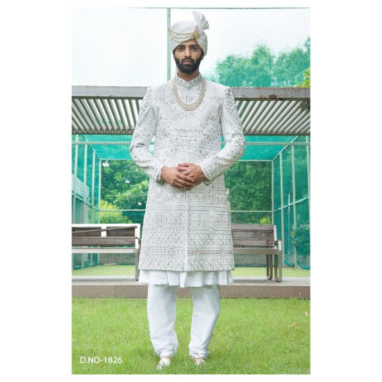 Designer White Stone Work Sherwani For Groom