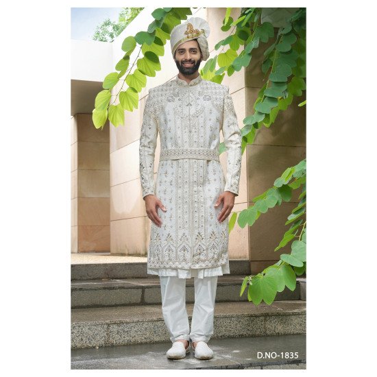 Designer Embroidered Belt Pattern Sherwani For Wedding