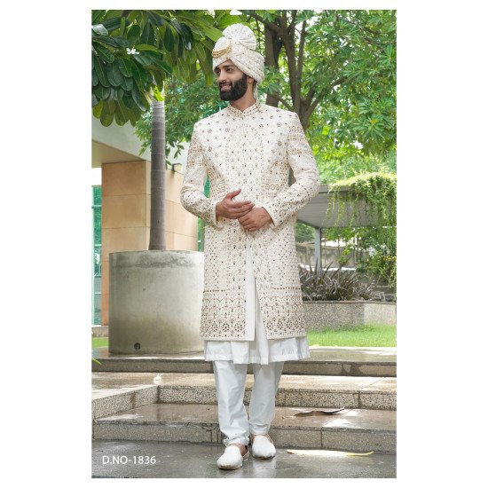 Designer Mirror Work Wedding Sherwani For Men